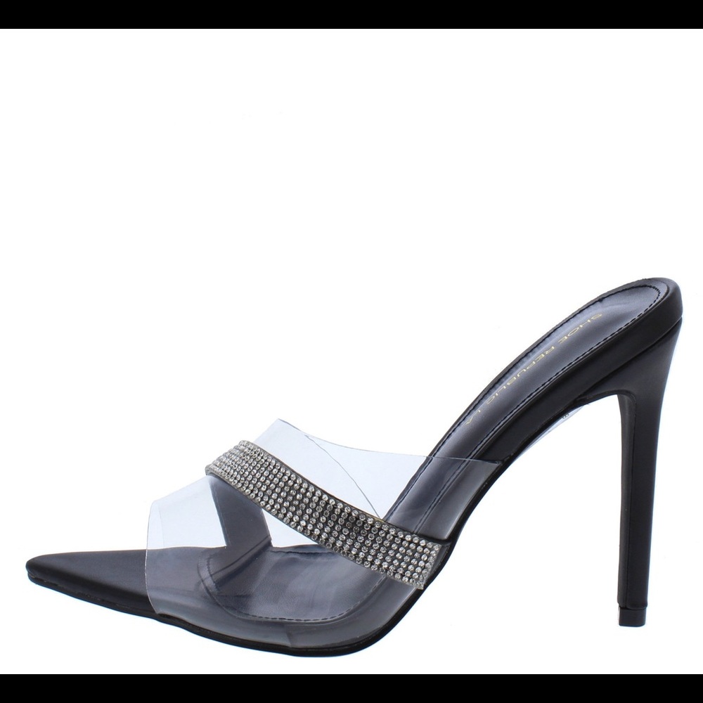 Black rhinestone peep toe mule stiletto heels.